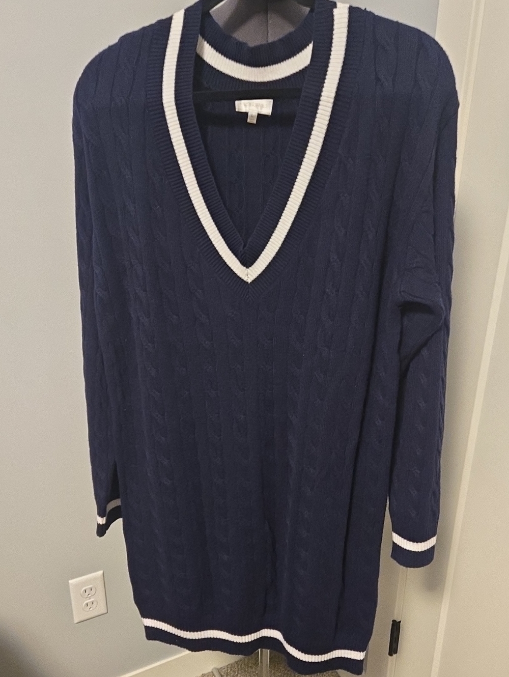 Navy V-Neck Cable Knit Long Sleeve Dress with White Trim